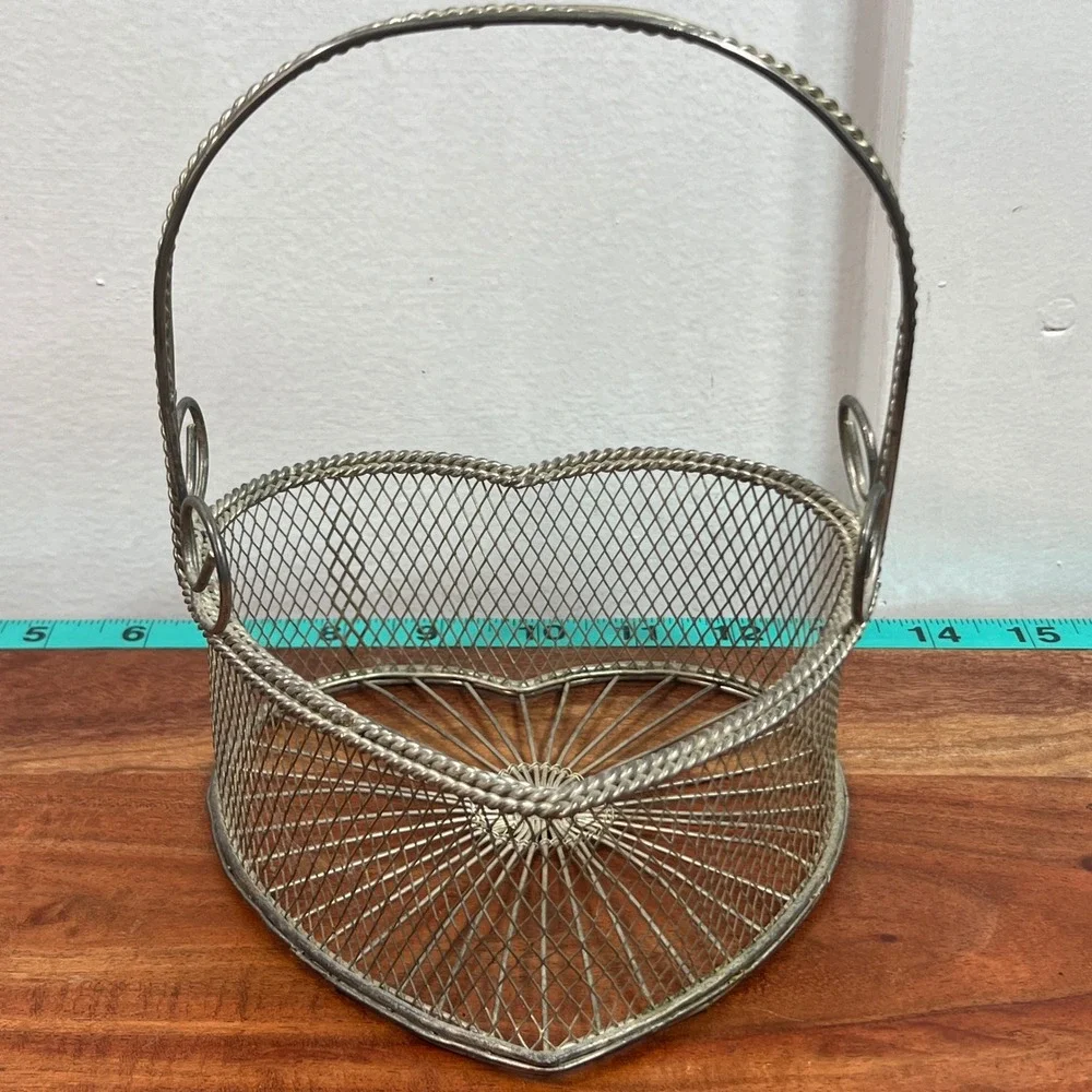Vintage Silver Heart Shaped Wire Mesh Basket with Handle Scroll Detail Decor